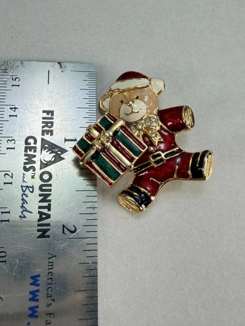 Vintage Christmas Teddy Bear Moving Gift Spring Enamel Rhinestone Brooch Pin